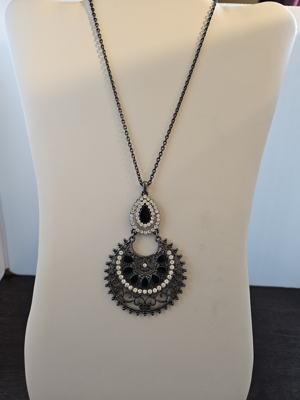 Park Lane Black Filigree Teardrop Pendant Necklace With Austrian Crystals